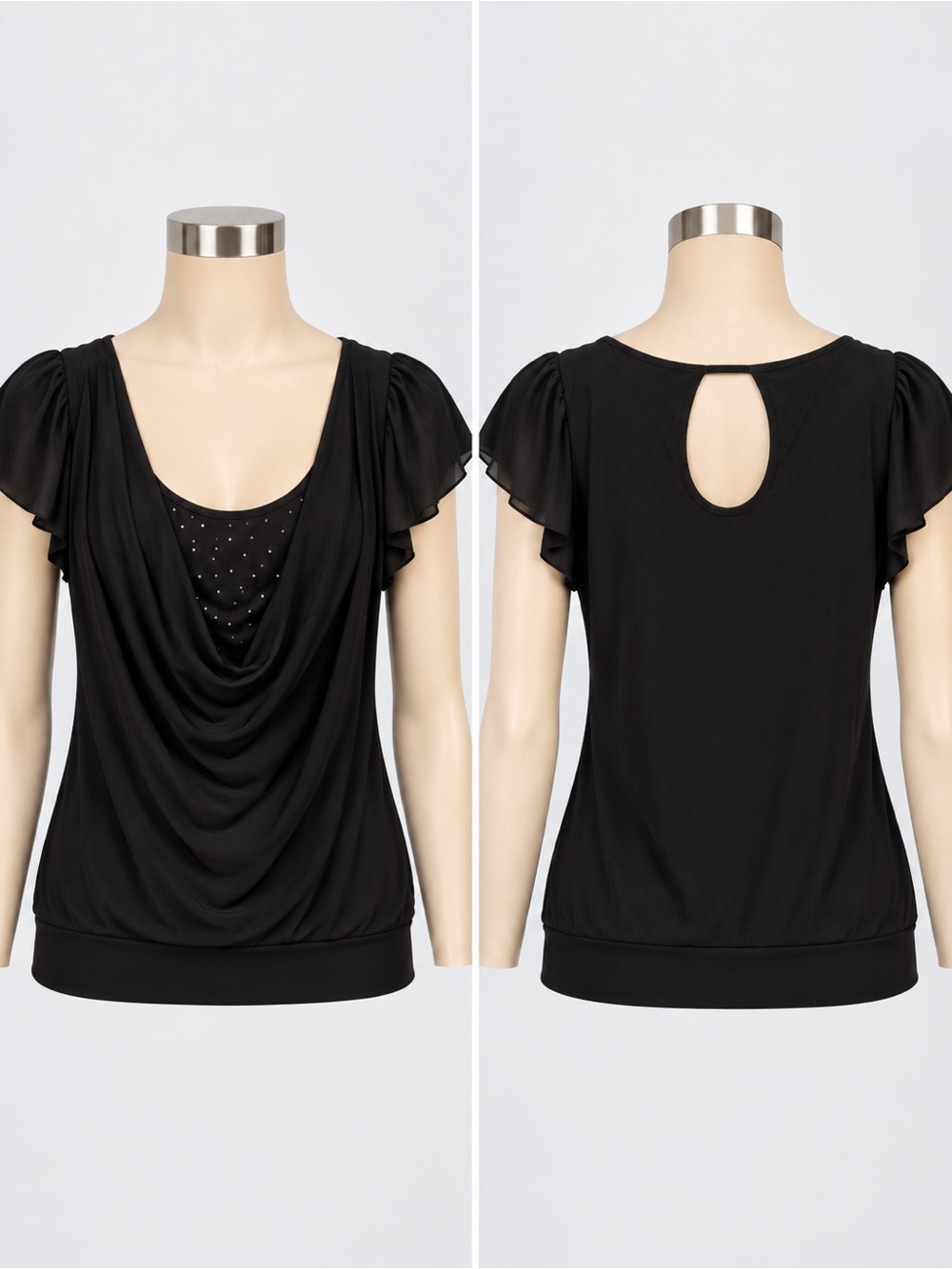 Trixxi Black Draped Flutter Sleeve Top with Studded Inset